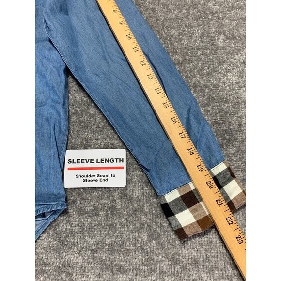 CATO Button Up Top Women Size M Blue Chambray Mix Media Pockets Check Soft - Picture 9 of 11